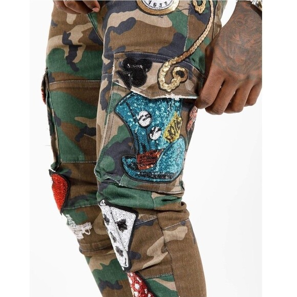 Cote De Nuits Mens 28x30 Camo Jeans Designer Sequin Patches Cargo Haute Couture - Picture 3 of 16